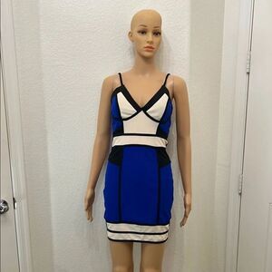 Privy Blue Cream Black Bodycon Mini Dress Size Small VNeck Spaghetti Strap New
